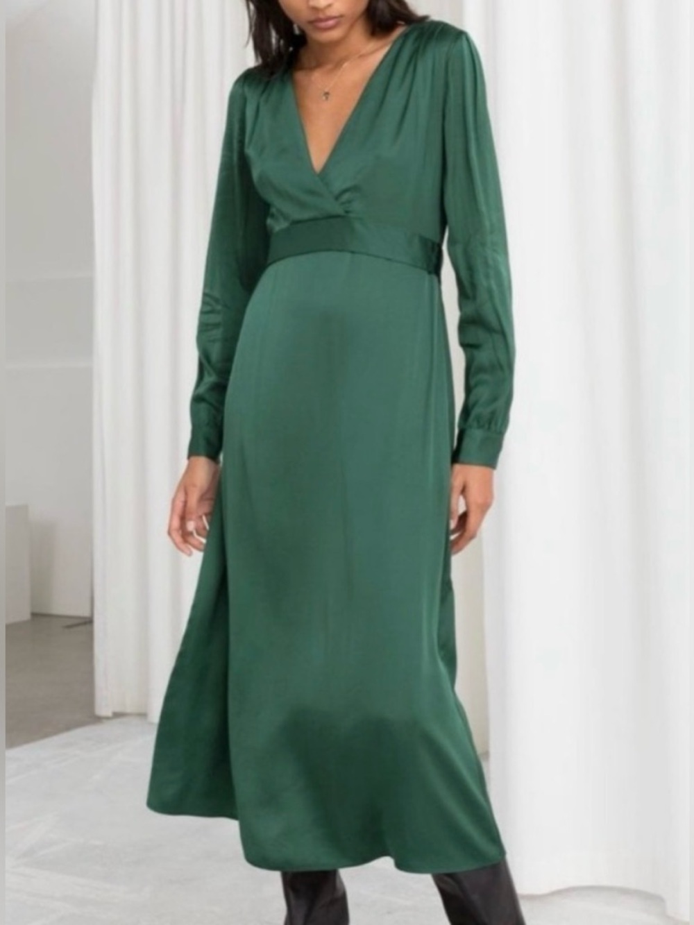 NWT & other stories Forest Green Long Sleeve Midi Dress satin v neck